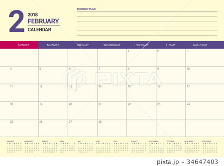 February 2018 calendar planner vector illustration 34647403