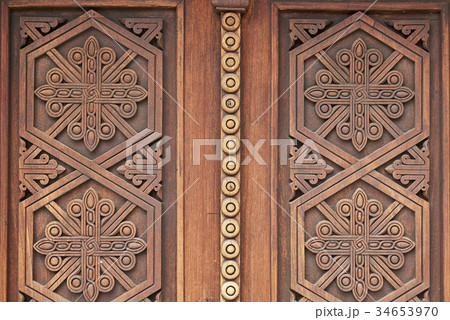 Ornaments on the wooden church doors in armenian 34653970