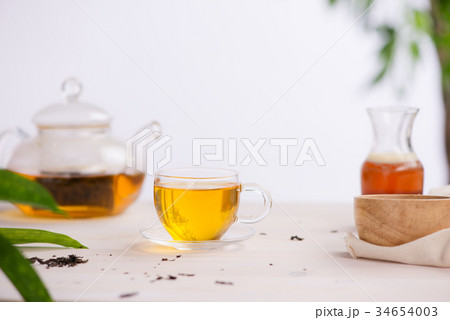 Cups of tea on wooden table background 34654003