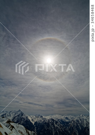 北アルプス・燕岳から光環と槍ヶ岳・裏銀座の山並み 34658468