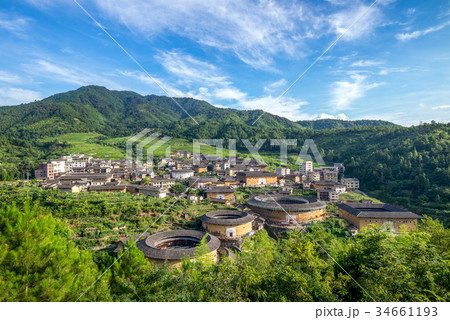 Aerial view of Chuxi Tulou cluster in fujian, chin 34661193