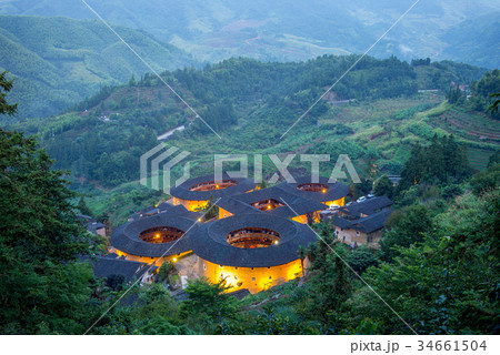 Aerial view of Tianluokeng Tulou cluster 34661504