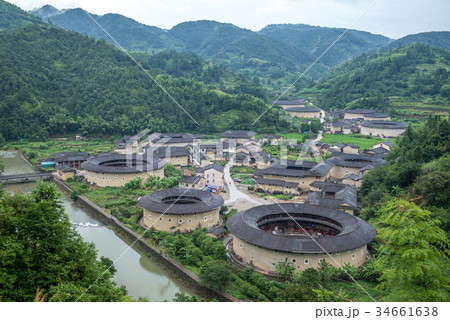 Aerial view of Hekeng Tulou cluster in fujian, chi 34661638