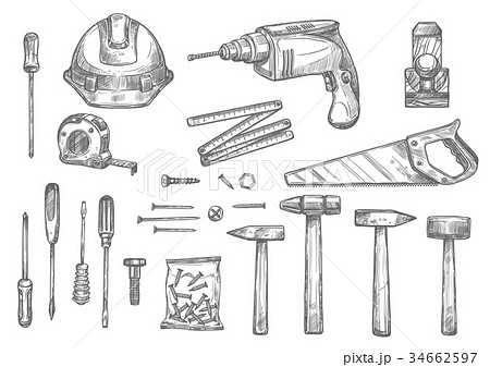 Vector sketch icons of repair work tools Vector sketch icons of repair work tools 34662597