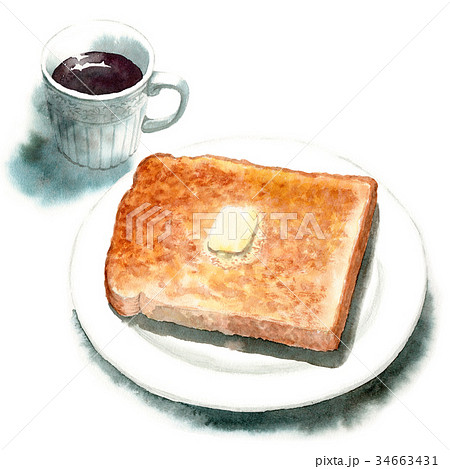水彩で描いた山形食パントーストとコーヒーのイラスト素材 [34663431  