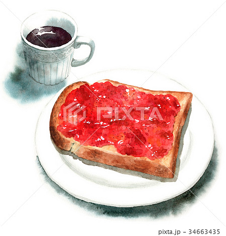 水彩で描いた山形食パンジャムトーストとコーヒーのイラスト素材