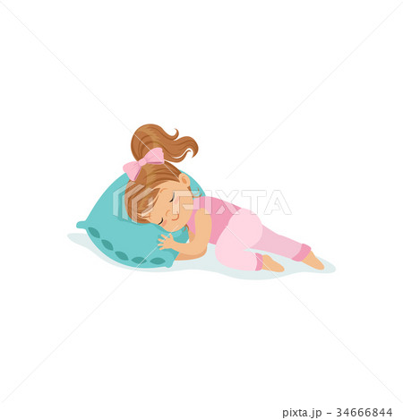 Adorable little girl sleeping on her bed cartoon 34666844