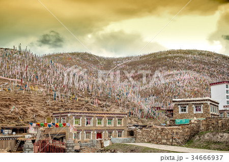 Buddhist prayer flags in tibetan highlands Buddhist prayer flags in tibetan highlands 34666937