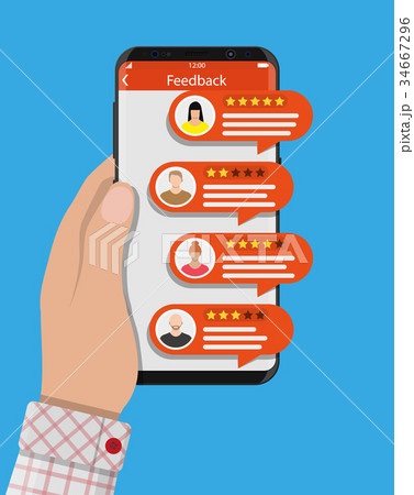 Hand holds smartphone with rating app. Hand holds smartphone with rating app. 34667296