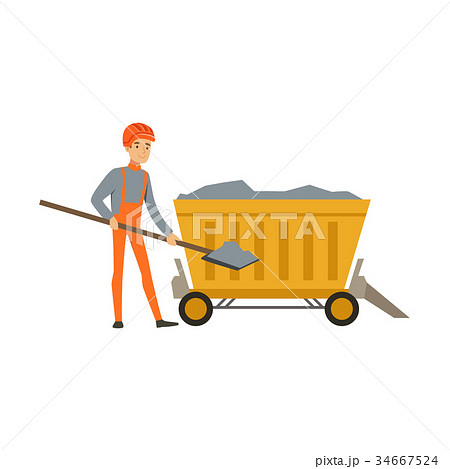 Male miner working in mine with wheelbarrow and 34667524
