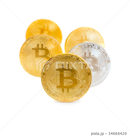 Stack of golden bitcoins 34668420