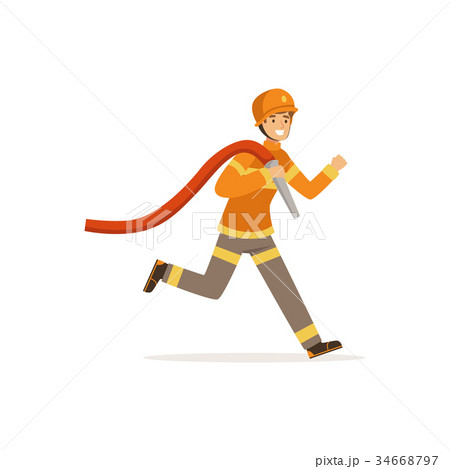 Fireman character running with water hose Fireman character running with water hose 34668797