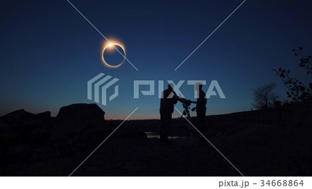People on shore looking through telescope 34668864
