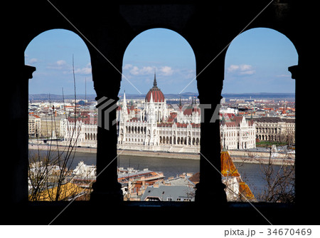 view on the Parliament in Budapest from downhill 34670469