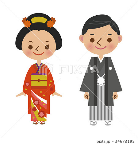 和装 結婚式 日本人 色打掛 振袖 文金高島田のイラスト素材