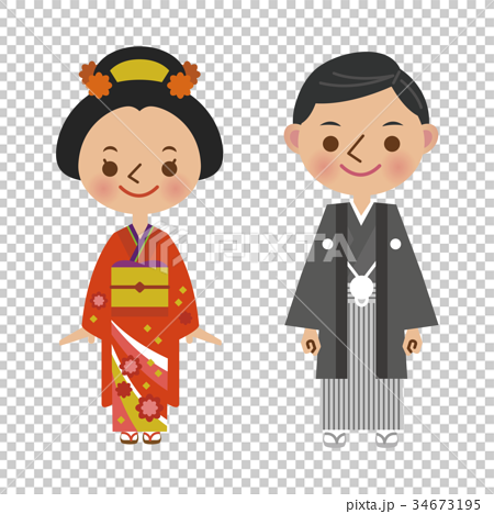 和装 結婚式 日本人 色打掛 振袖 文金高島田のイラスト素材 34673195