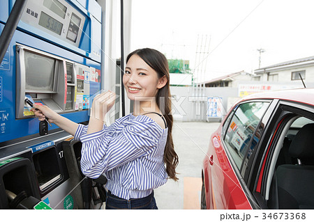 ガソリンスタンド　給油　セルフ　人物　ドライブ　レンタカー　旅行　  34673368