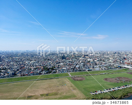 空撮 千葉県矢切から都心方向を望む 空撮 千葉県矢切から都心方向を望む 34673865