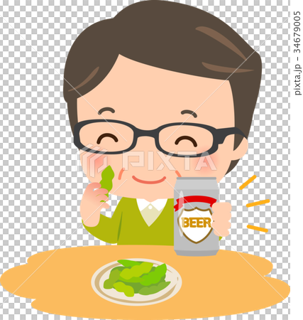 中年人在一隻手上吃青豆用罐裝啤酒 34679005