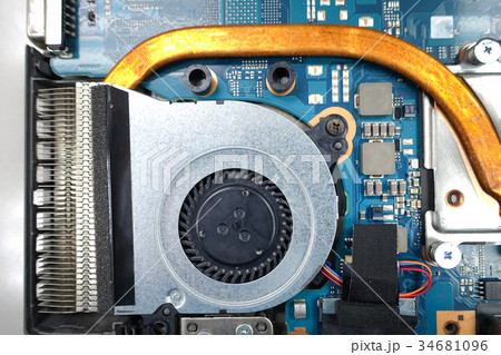 The used cooling system for a laptop. Close-up. The used cooling system for a laptop. Close-up. 34681096