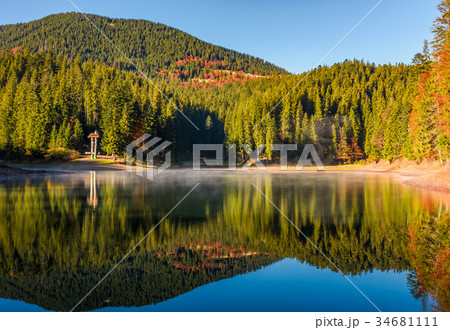 forest reflection on foggy surface of Synevyr lake forest reflection on foggy surface of Synevyr lake 34681111