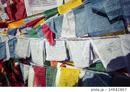 Prayer tibetan flags near Namgyal Tsemo Monastery Prayer tibetan flags near Namgyal Tsemo Monastery 34682867