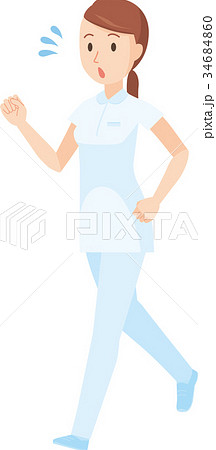 白い制服を着た看護師の女性が走っているイラストのイラスト素材
