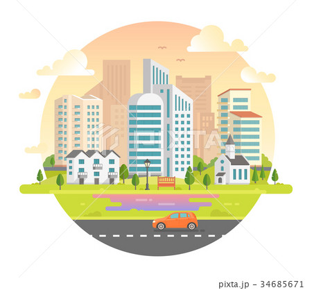 Cityscape with skyscrapers in a round frame - 34685671