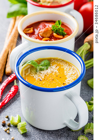 Homemade assorted soups with ingredients Homemade assorted soups with ingredients 34686012