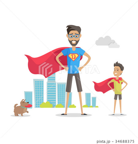 Father and Adorable Son Superheroes. Fatherhood 34688375