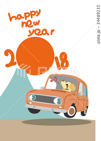 18年年賀状 戌と古い自動車のイラスト素材