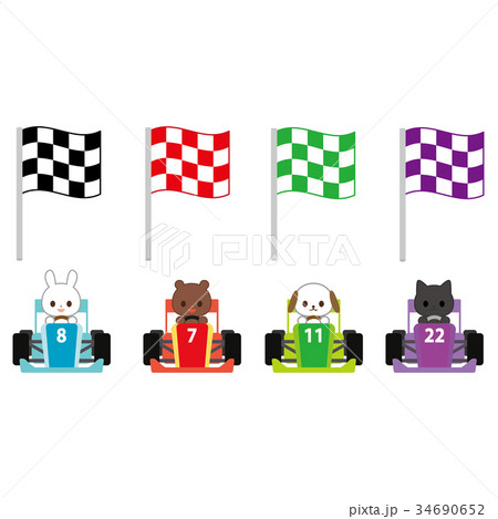 動物レーサーとチェッカーフラッグのイラスト素材 動物レーサーとチェッカーフラッグのイラスト素材