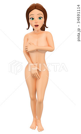 3D Naked woman hiding breasts and pubis with hands 34691114