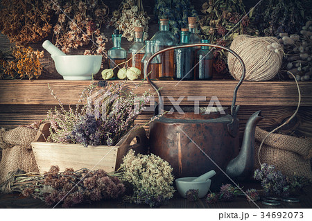 Tinctures, healthy herbs, mortar and curative drug 34692073