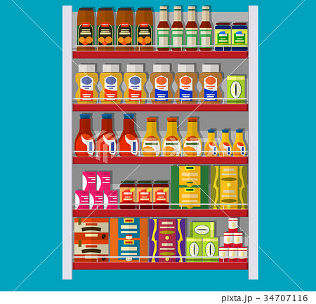 Supermarket shelves with groceries. Supermarket shelves with groceries. 34707116