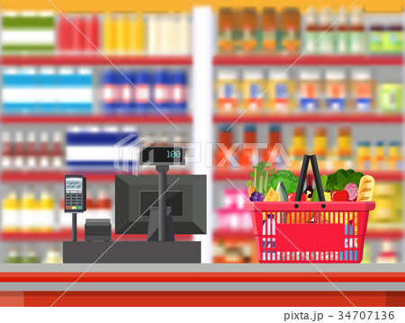 Supermarket interior. Cashier counter workplace. Supermarket interior. Cashier counter workplace. 34707136