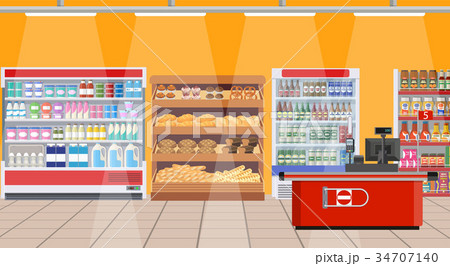 Supermarket interior. shelves with products. 34707140