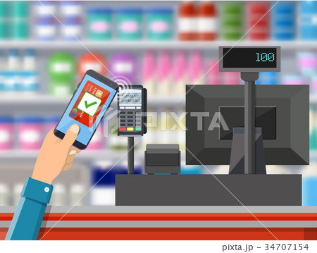 Pos terminal confirms payment by bank card. 34707154