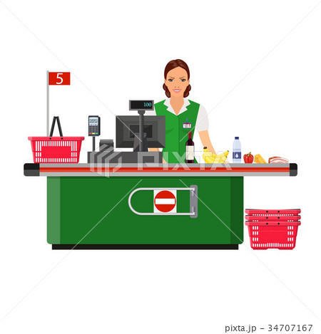 Woman cashier smiles buyer near the cash register 34707167