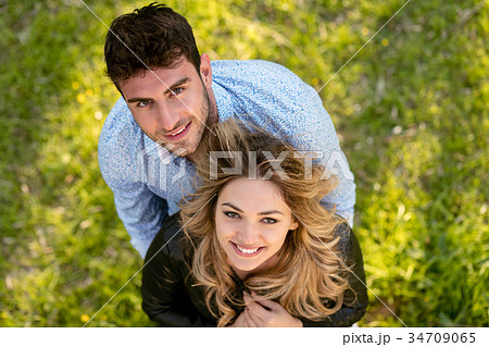 Top view. cheerful couple, standing barefoot in 34709065