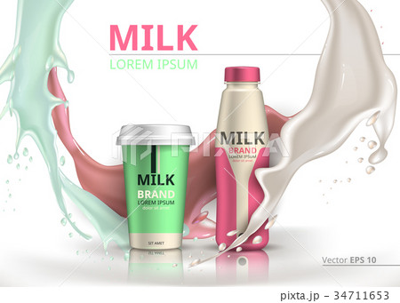 Milkshake bottles package mock up Realistic Vector. Milk splash background 34711653