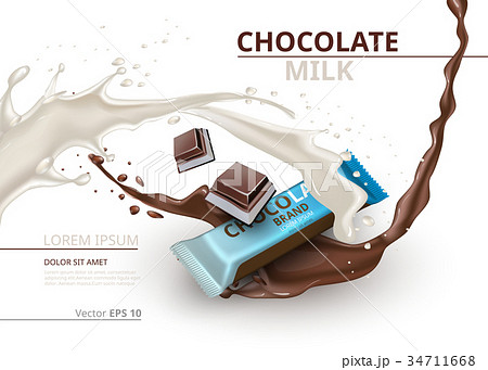 Chocolate bar with milk realistic Mock up Vector label design. Splash and chocolate drops background 34711668