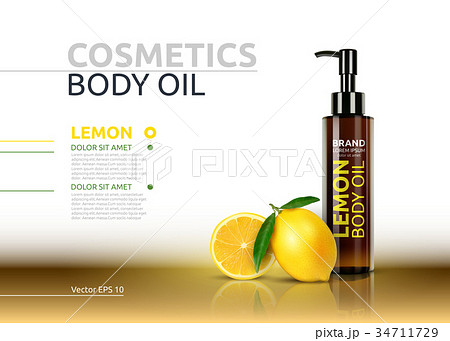 Lemon body oil realistic bottles. Vector Mockup 3D illustration. 34711729