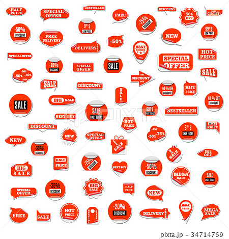 Set of red paper stickers of discount and sale 34714769