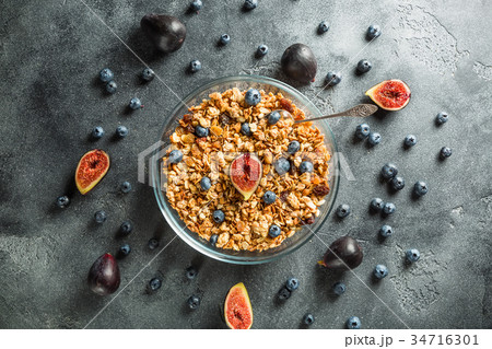 Healthy breakfast of muesli with nuts in bowl Healthy breakfast of muesli with nuts in bowl 34716301