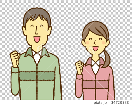 作業着の若い男女 ガッツポーズ 作業着の若い男女 ガッツポーズ 34720588