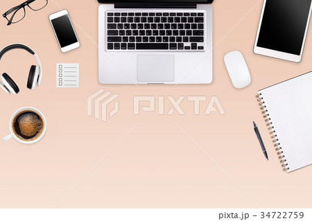 Modern workspace with laptop tablet, smartphone  34722759