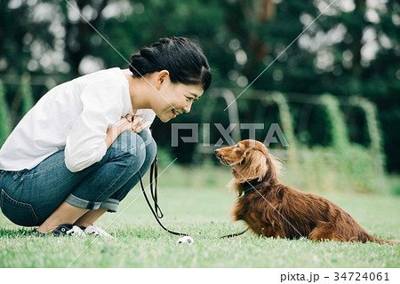 ミニチュアダックスと飼い主の女性 34724061