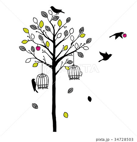 木と鳥のシルエット ビビットのイラスト素材