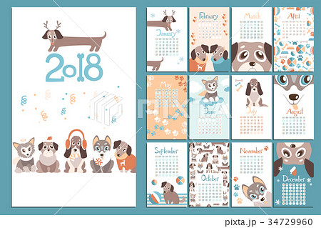 Creative calendar 2018 with cute cartoon puppies 34729960